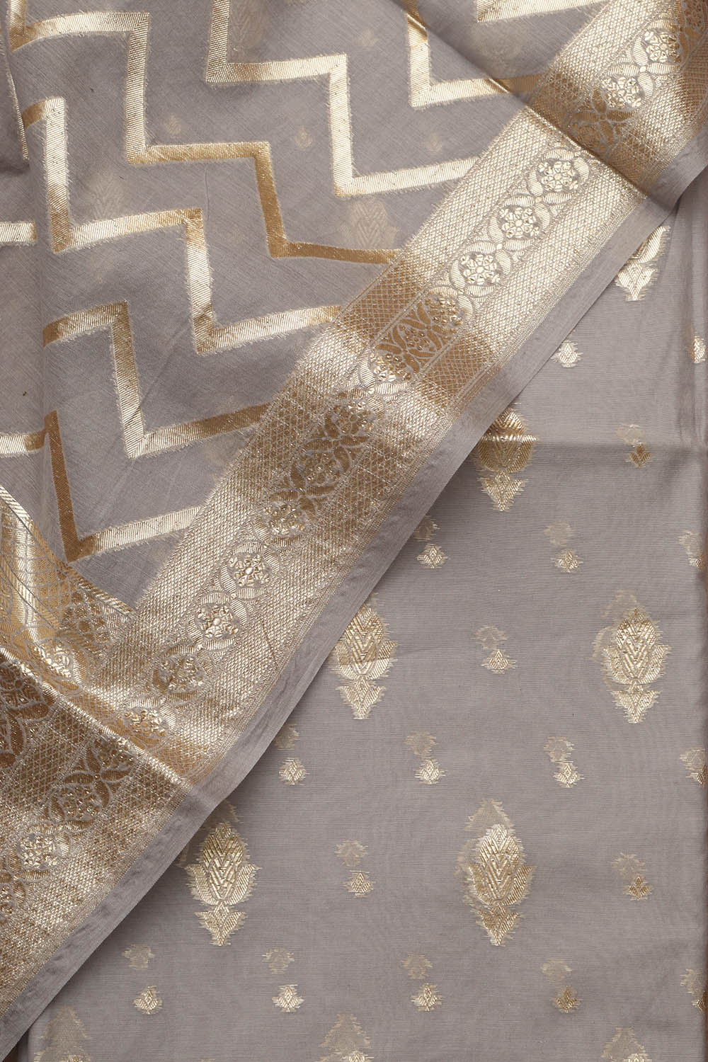 Elegant Grey Banarasi Chanderi Silk Three Piece Unstitched Suit Set - Luxurion World