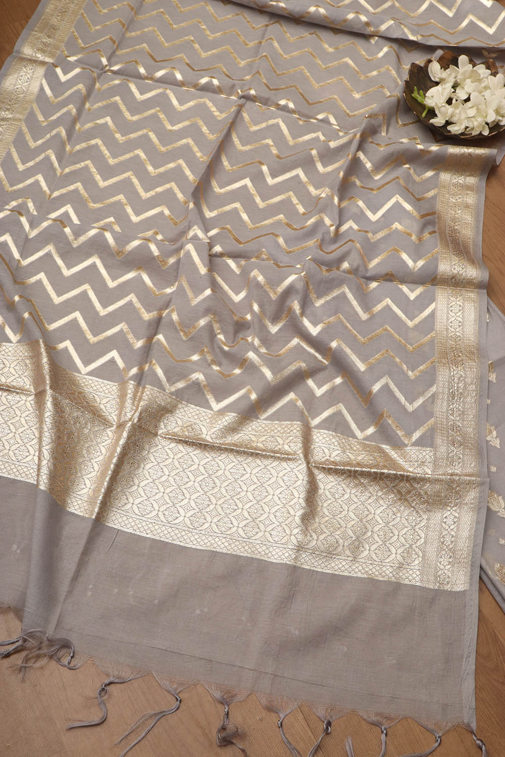 Elegant Grey Banarasi Chanderi Silk Three Piece Unstitched Suit Set - Luxurion World