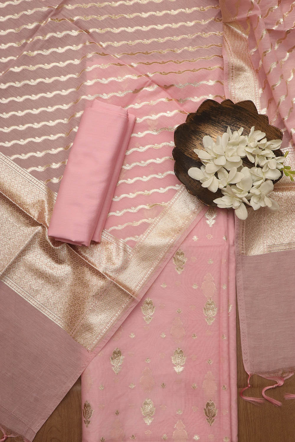 Stunning Pink Banarasi Chanderi Silk Three Piece Unstitched Suit Set - Luxurion World