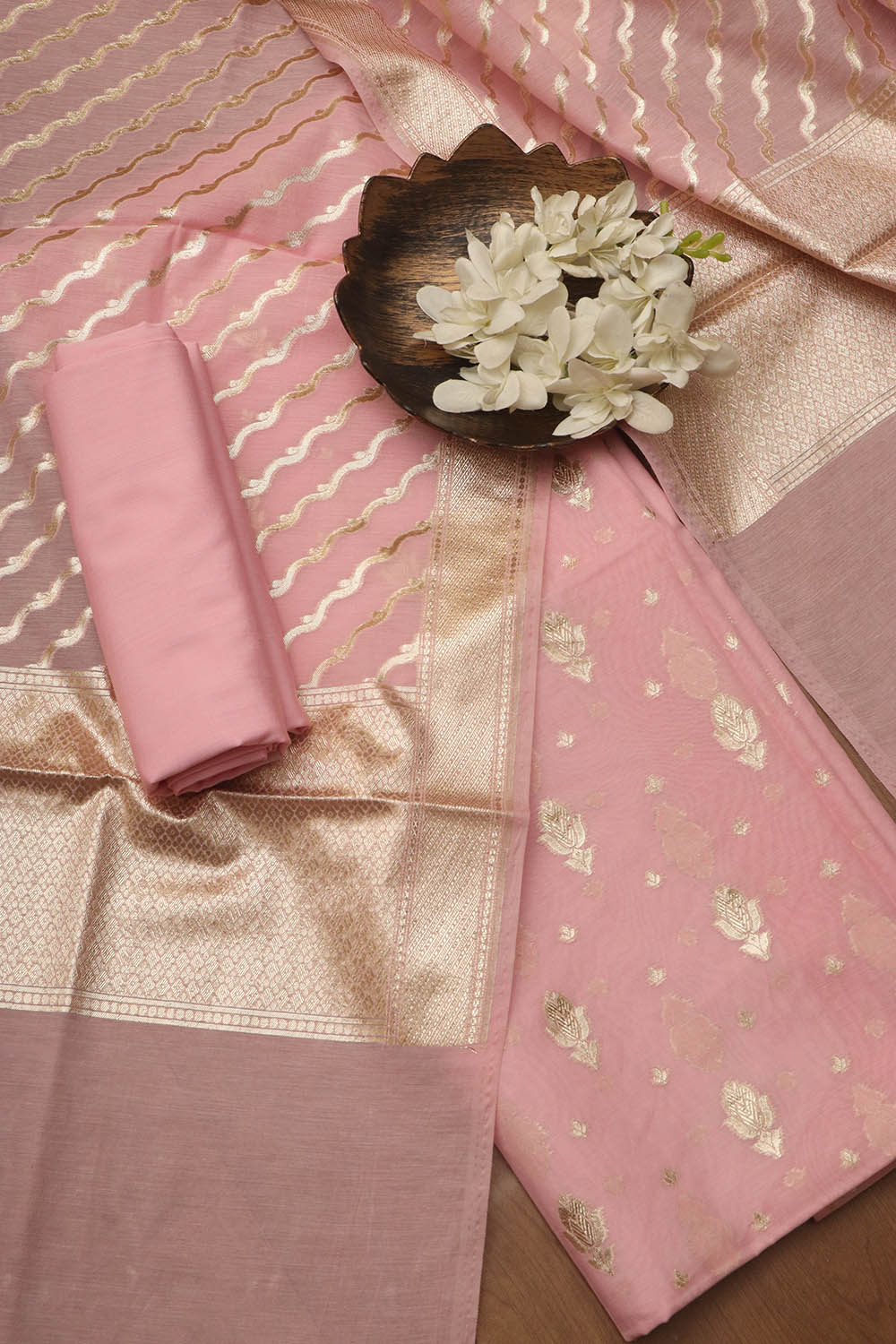 Stunning Pink Banarasi Chanderi Silk Three Piece Unstitched Suit Set - Luxurion World