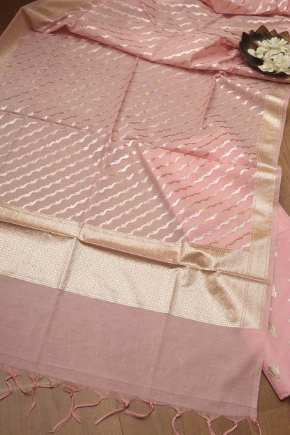 Stunning Pink Banarasi Chanderi Silk Three Piece Unstitched Suit Set - Luxurion World