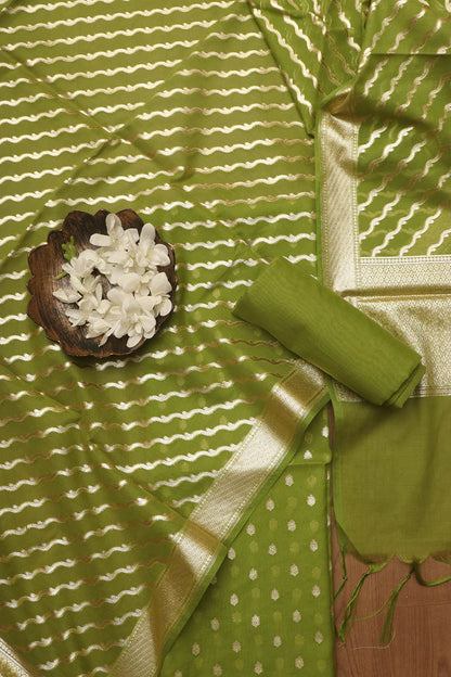 Green Banarasi Chanderi Silk Three Piece Unstitched Suit Set - Luxurion World