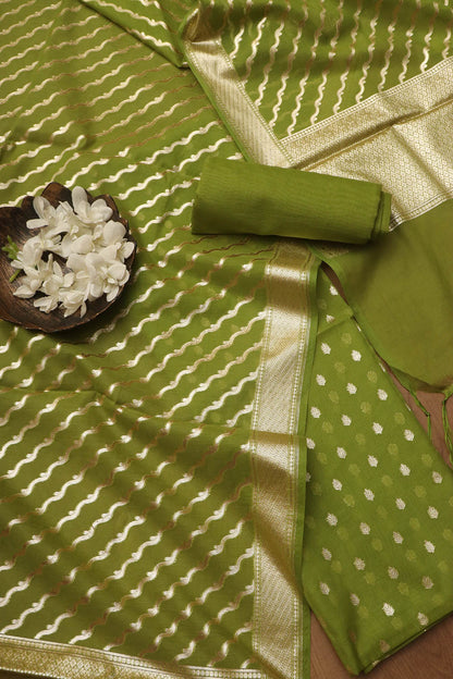 Green Banarasi Chanderi Silk Three Piece Unstitched Suit Set - Luxurion World