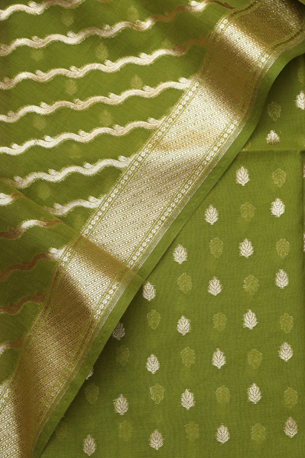 Green Banarasi Chanderi Silk Three Piece Unstitched Suit Set - Luxurion World
