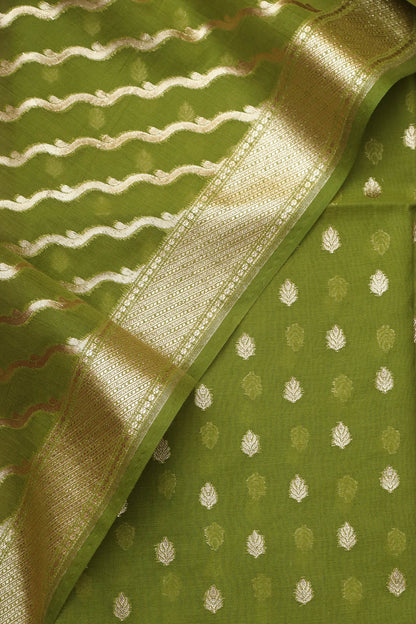 Green Banarasi Chanderi Silk Three Piece Unstitched Suit Set - Luxurion World