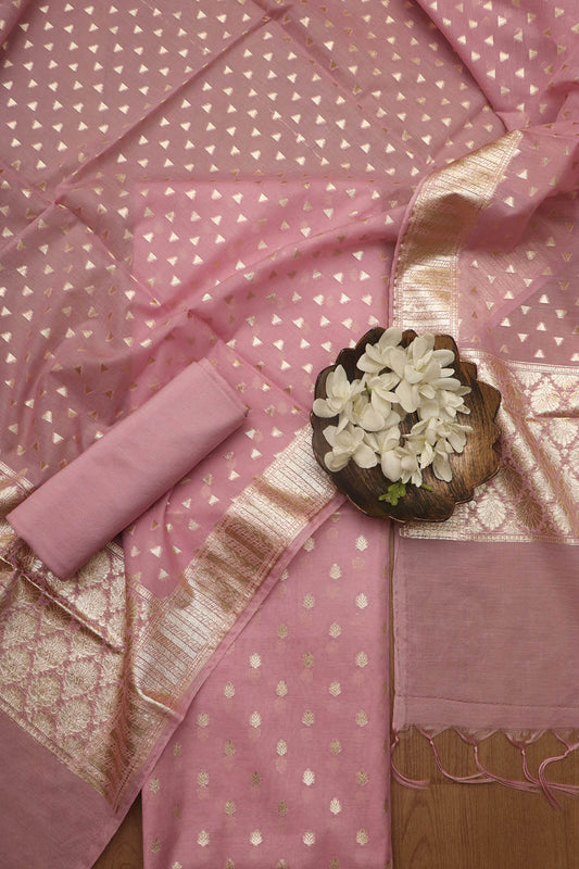 Stunning Pink Banarasi Chanderi Silk Three Piece Unstitched Suit Set - Luxurion World