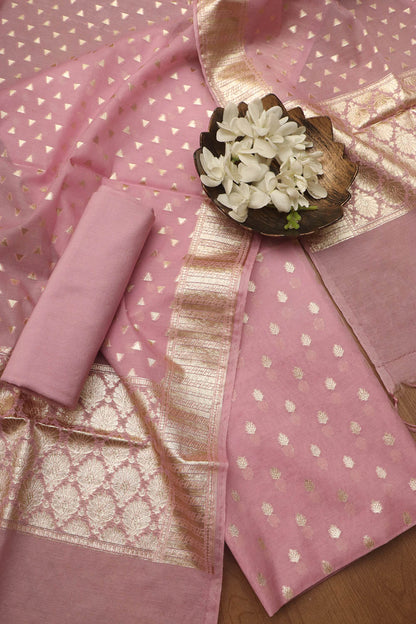 Stunning Pink Banarasi Chanderi Silk Three Piece Unstitched Suit Set - Luxurion World