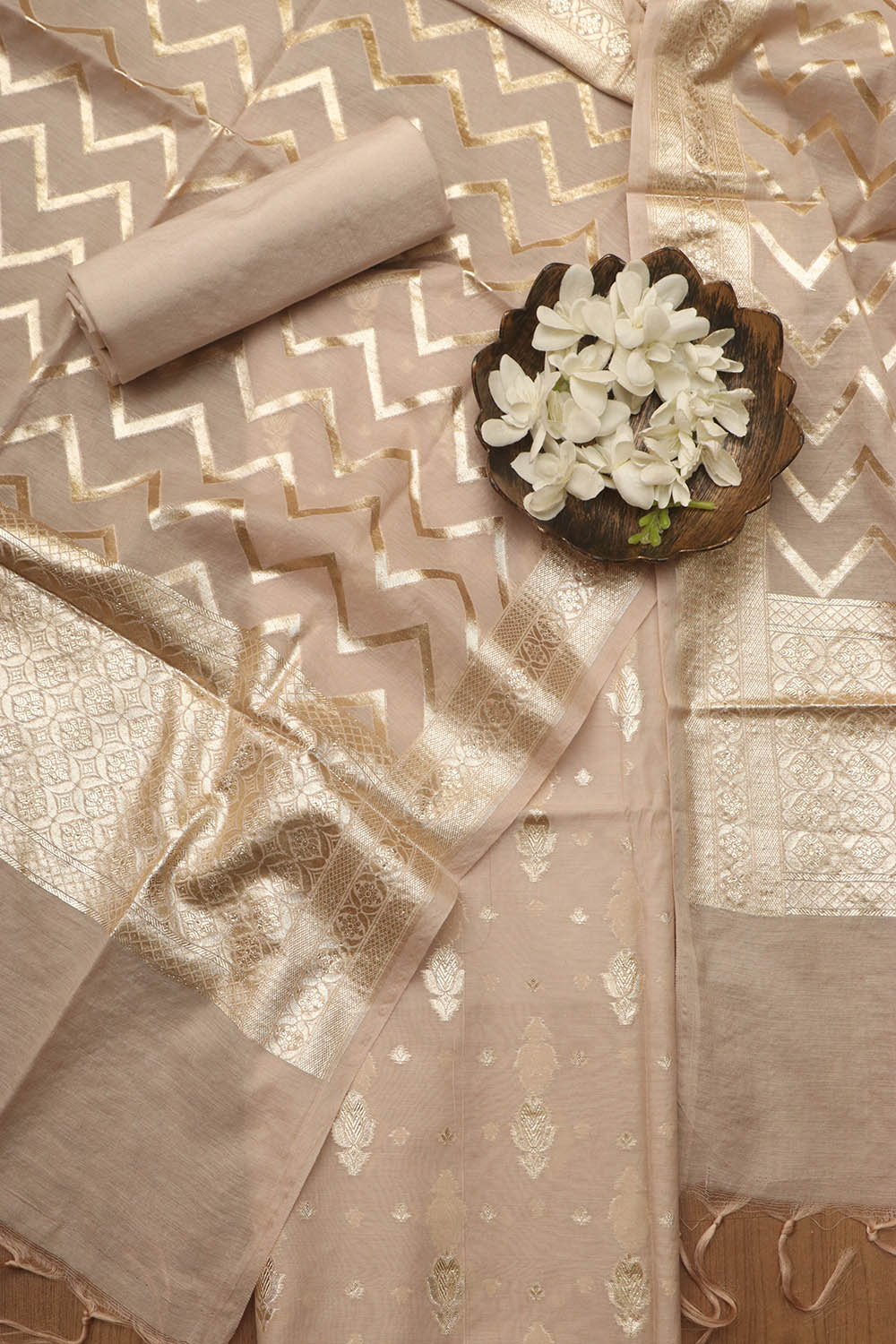 Pastel Banarasi Chanderi Silk Three Piece Unstitched Suit Set - Luxurion World