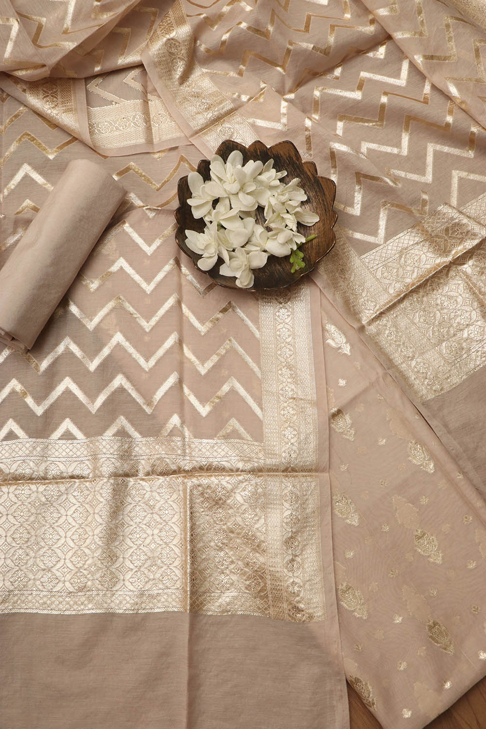 Pastel Banarasi Chanderi Silk Three Piece Unstitched Suit Set - Luxurion World