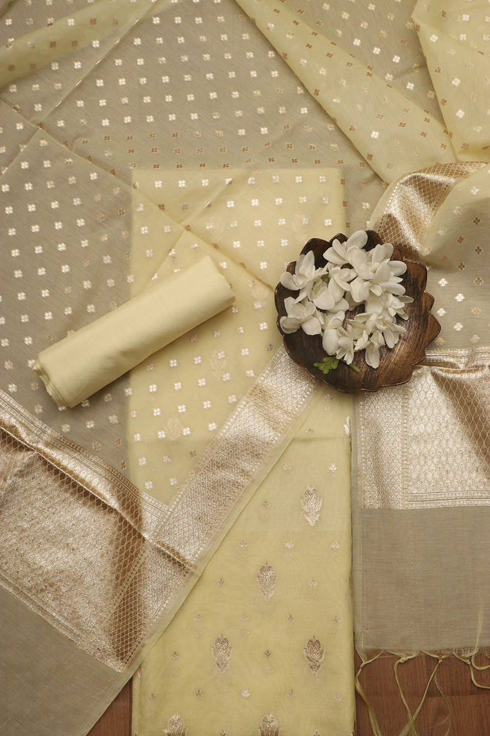 Vibrant Yellow Banarasi Chanderi Silk Three Piece Unstitched Suit Set - Luxurion World