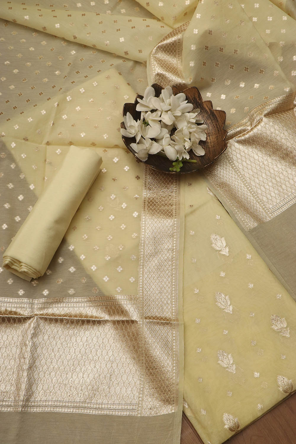 Vibrant Yellow Banarasi Chanderi Silk Three Piece Unstitched Suit Set - Luxurion World