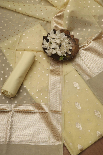 Vibrant Yellow Banarasi Chanderi Silk Three Piece Unstitched Suit Set - Luxurion World