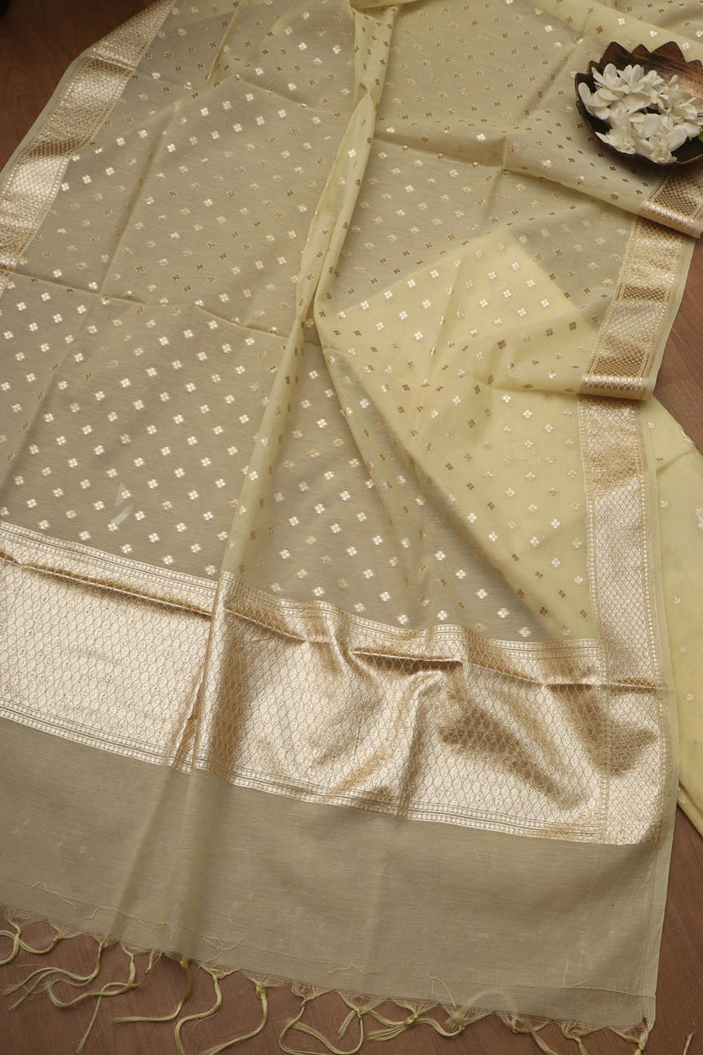 Vibrant Yellow Banarasi Chanderi Silk Three Piece Unstitched Suit Set - Luxurion World