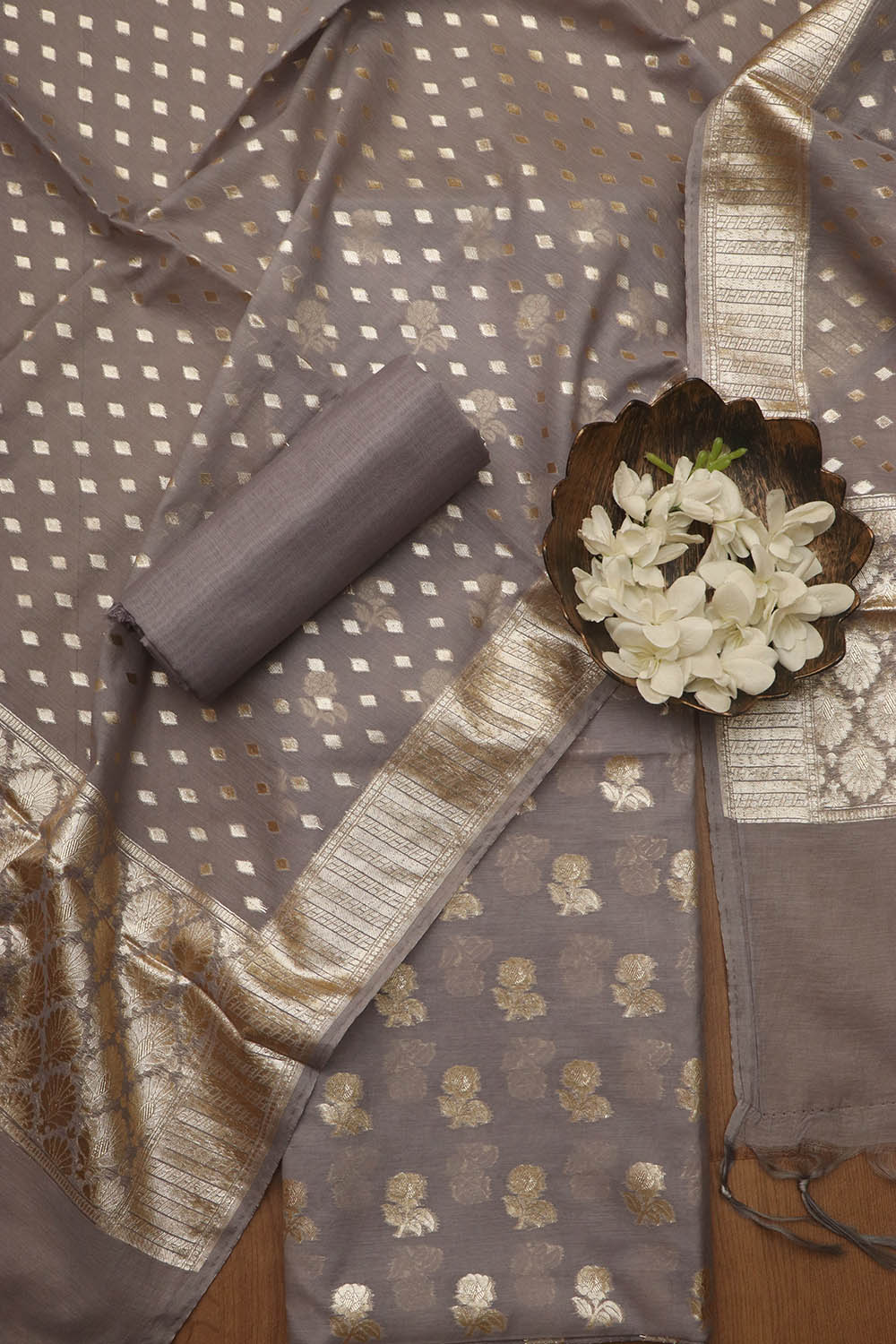 Elegant Grey Banarasi Chanderi Silk Three Piece Unstitched Suit Set - Luxurion World