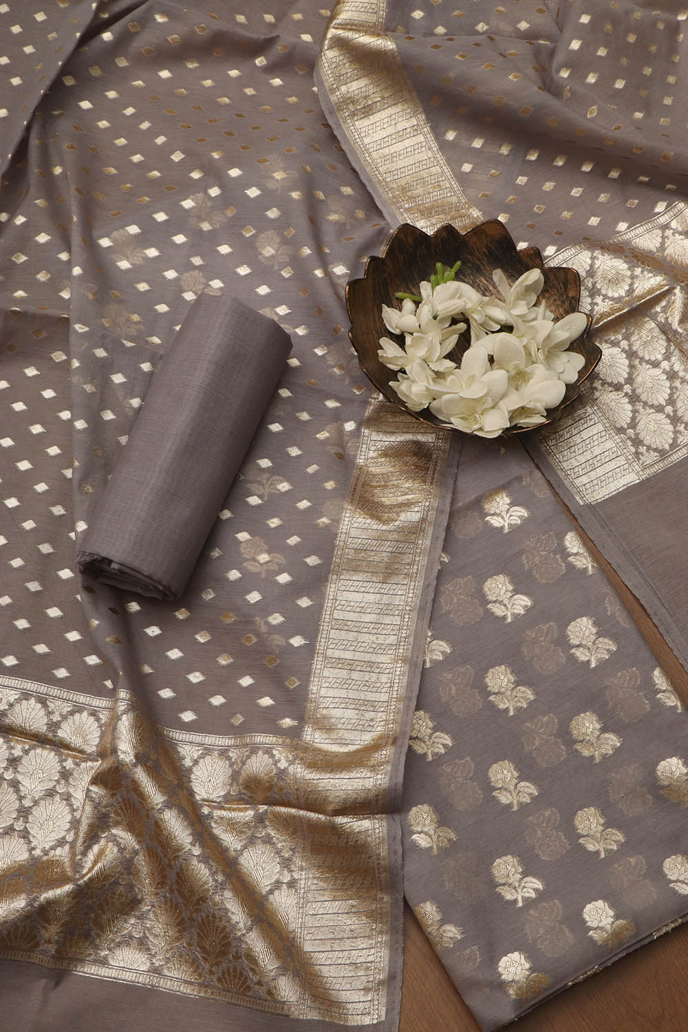 Elegant Grey Banarasi Chanderi Silk Three Piece Unstitched Suit Set - Luxurion World