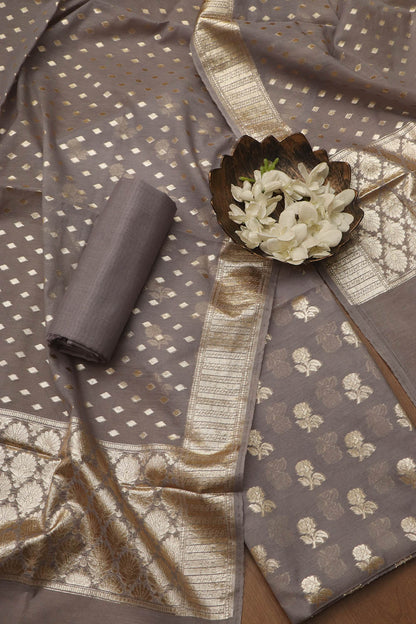 Elegant Grey Banarasi Chanderi Silk Three Piece Unstitched Suit Set - Luxurion World