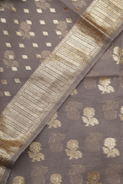 Elegant Grey Banarasi Chanderi Silk Three Piece Unstitched Suit Set - Luxurion World