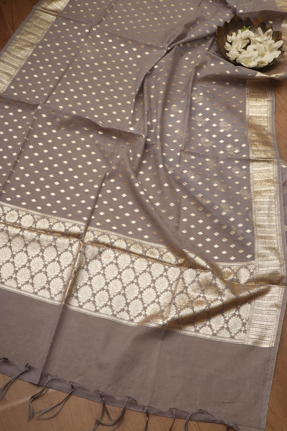 Elegant Grey Banarasi Chanderi Silk Three Piece Unstitched Suit Set - Luxurion World