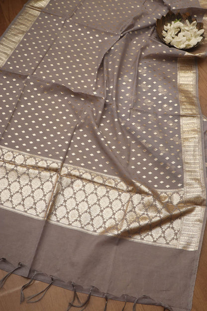 Elegant Grey Banarasi Chanderi Silk Three Piece Unstitched Suit Set - Luxurion World