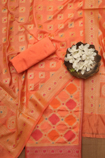 Orange Banarasi Chanderi Silk Brush Dye Three Piece Unstitched Suit Set - Luxurion World