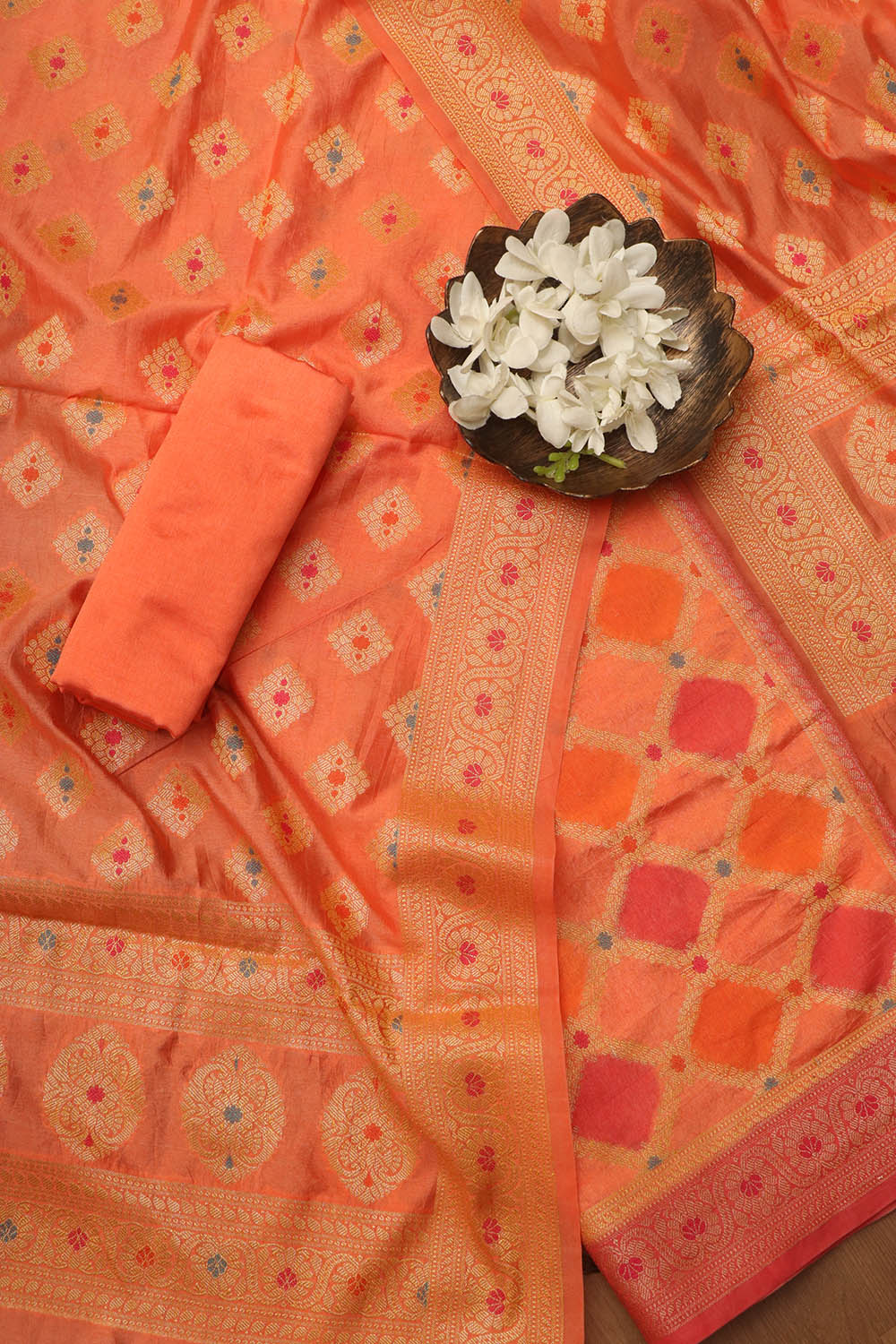 Orange Banarasi Chanderi Silk Brush Dye Three Piece Unstitched Suit Set - Luxurion World