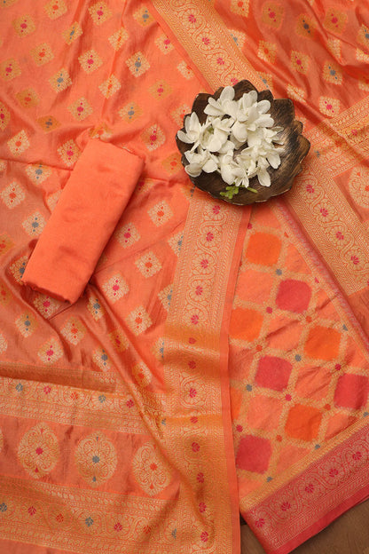 Orange Banarasi Chanderi Silk Brush Dye Three Piece Unstitched Suit Set - Luxurion World