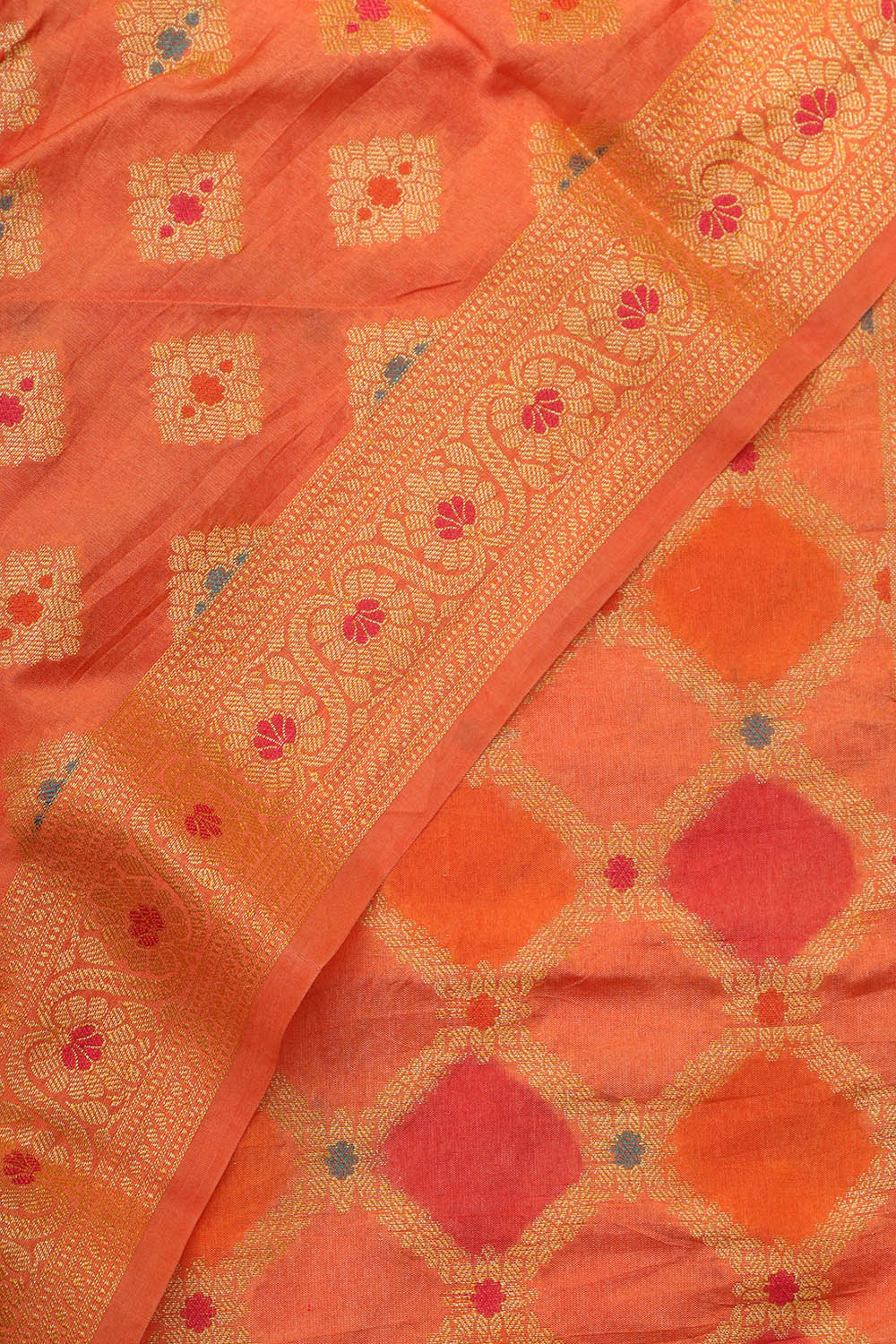 Orange Banarasi Chanderi Silk Brush Dye Three Piece Unstitched Suit Set - Luxurion World