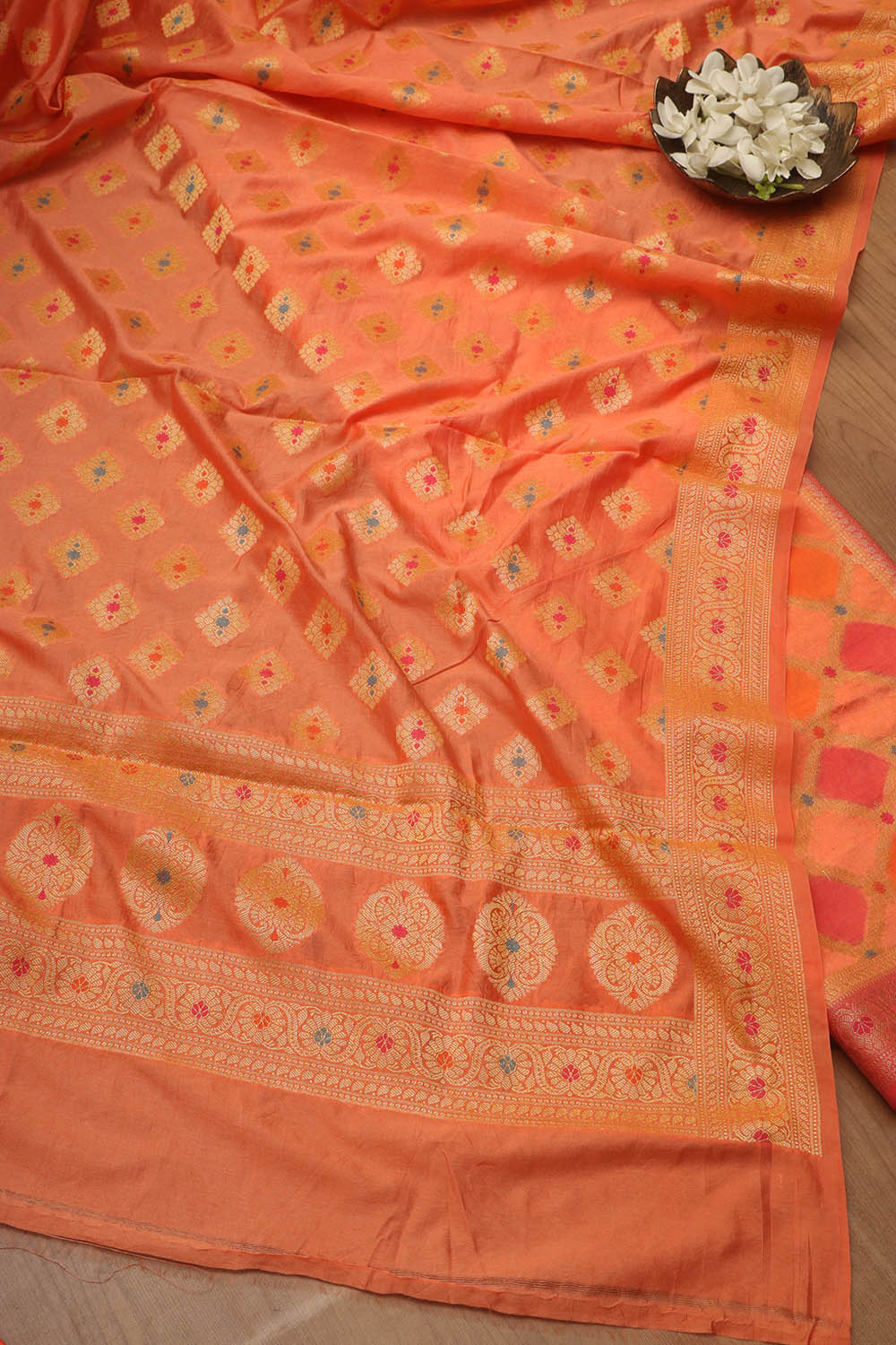 Orange Banarasi Chanderi Silk Brush Dye Three Piece Unstitched Suit Set - Luxurion World