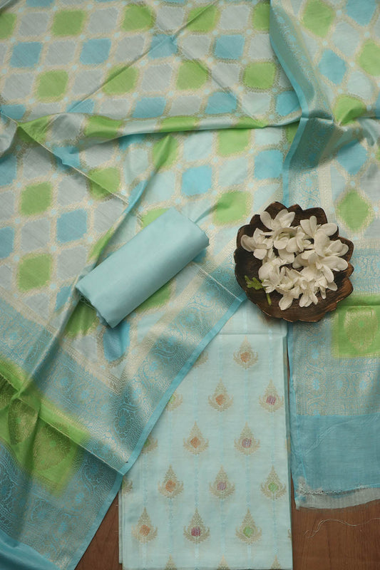 Blue Banarasi Chanderi Silk Brush Dye Three Piece Unstitched Suit Set - Luxurion World
