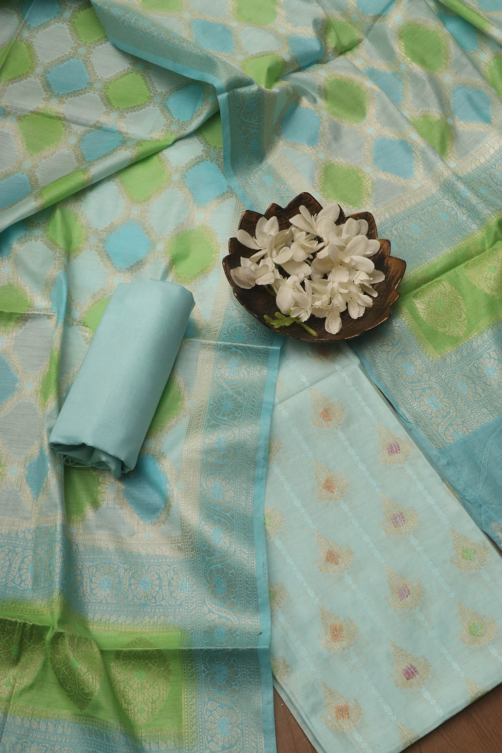 Blue Banarasi Chanderi Silk Brush Dye Three Piece Unstitched Suit Set - Luxurion World