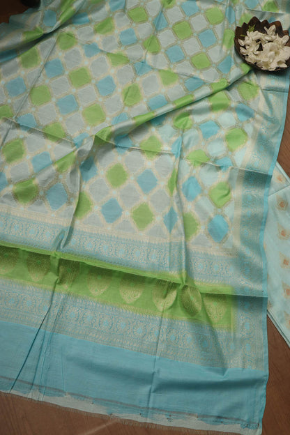 Blue Banarasi Chanderi Silk Brush Dye Three Piece Unstitched Suit Set - Luxurion World