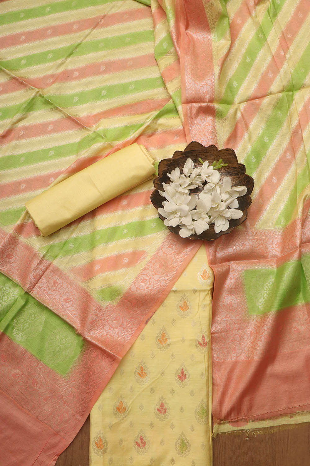 Stunning Multicolor Banarasi Chanderi Silk Brush Dye Three Piece Unstitched Suit Set - Luxurion World