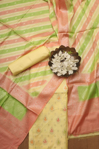 Stunning Multicolor Banarasi Chanderi Silk Brush Dye Three Piece Unstitched Suit Set - Luxurion World