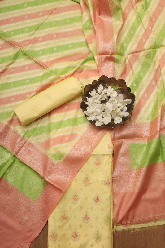 Stunning Multicolor Banarasi Chanderi Silk Brush Dye Three Piece Unstitched Suit Set - Luxurion World