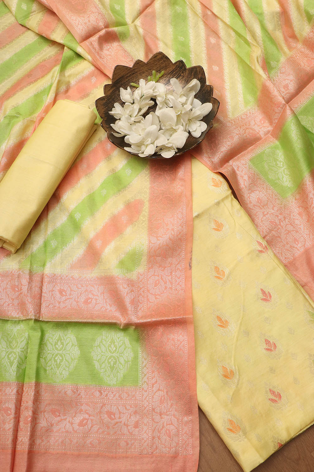 Stunning Multicolor Banarasi Chanderi Silk Brush Dye Three Piece Unstitched Suit Set - Luxurion World