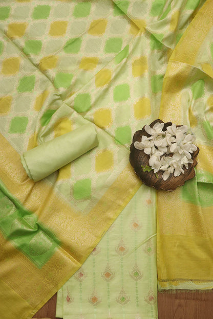 Green Banarasi Chanderi Silk Brush Dye Three Piece Unstitched Suit Set - Luxurion World