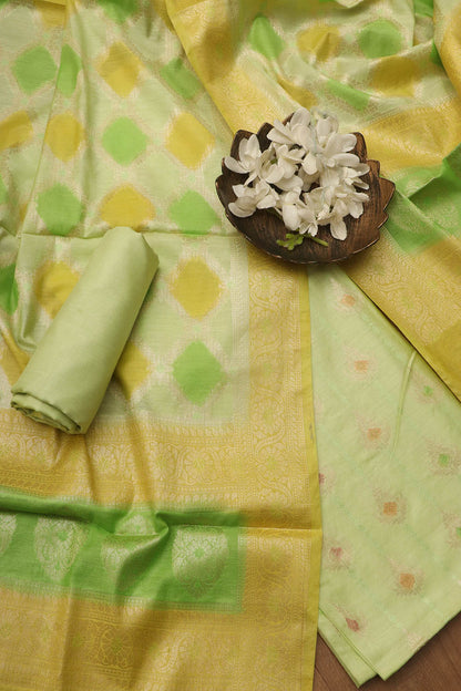 Green Banarasi Chanderi Silk Brush Dye Three Piece Unstitched Suit Set - Luxurion World