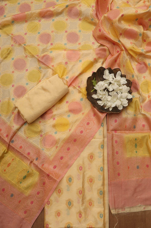 Stunning Multicolor Banarasi Chanderi Silk Brush Dye Three Piece Unstitched Suit Set - Luxurion World