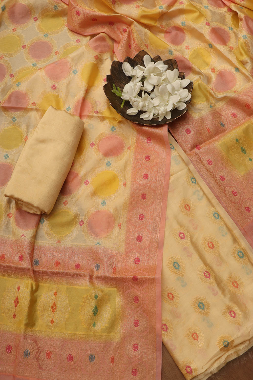 Stunning Multicolor Banarasi Chanderi Silk Brush Dye Three Piece Unstitched Suit Set - Luxurion World