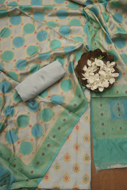 Stunning Blue Banarasi Chanderi Silk Brush Dye Three Piece Unstitched Suit Set - Luxurion World