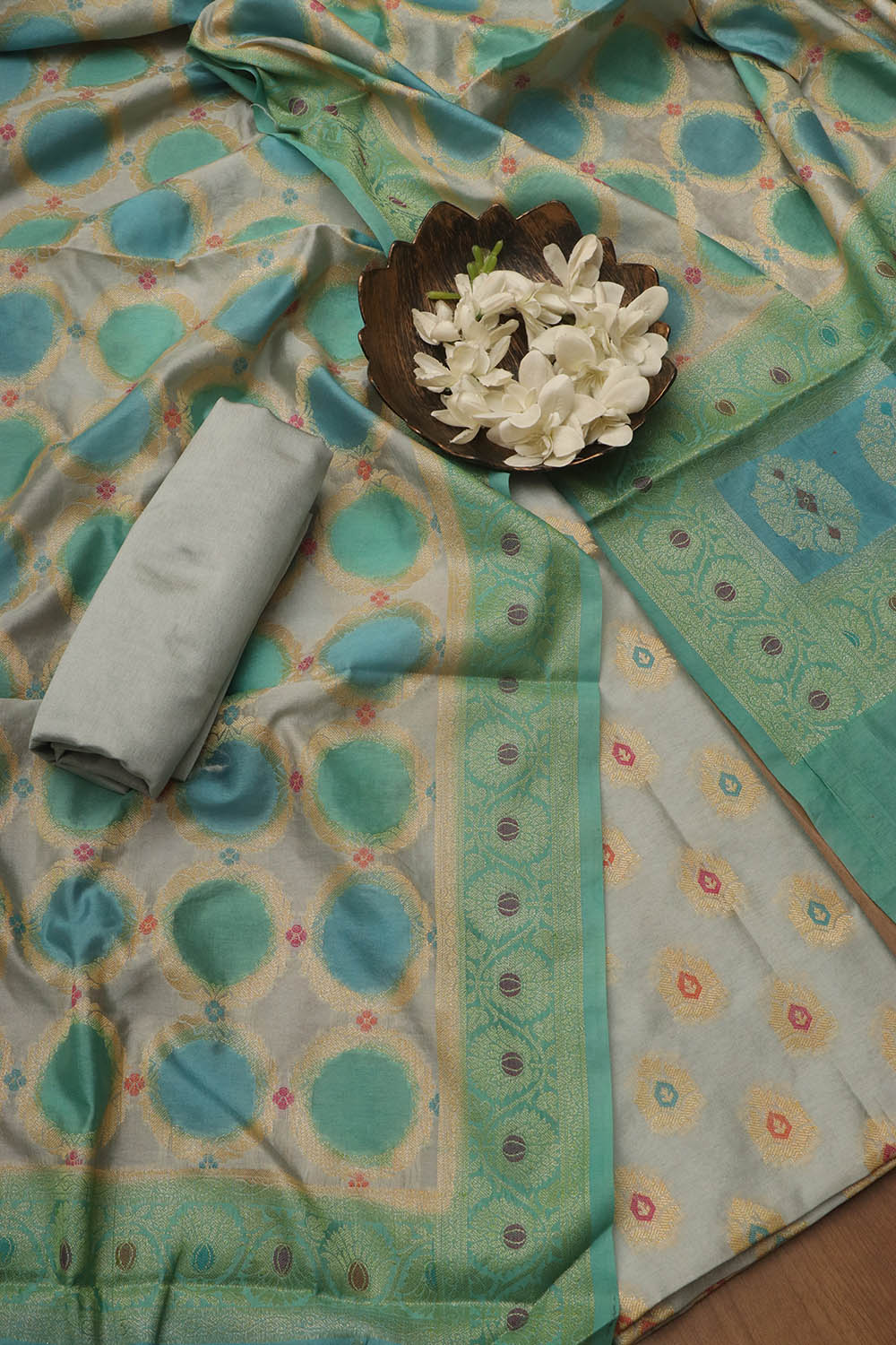 Stunning Blue Banarasi Chanderi Silk Brush Dye Three Piece Unstitched Suit Set - Luxurion World