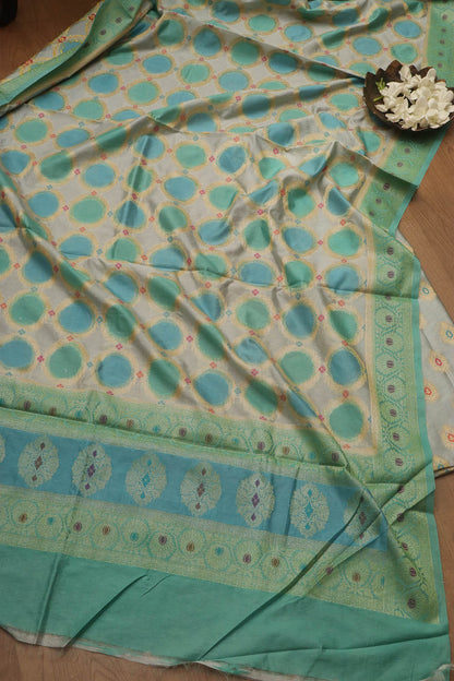 Stunning Blue Banarasi Chanderi Silk Brush Dye Three Piece Unstitched Suit Set - Luxurion World