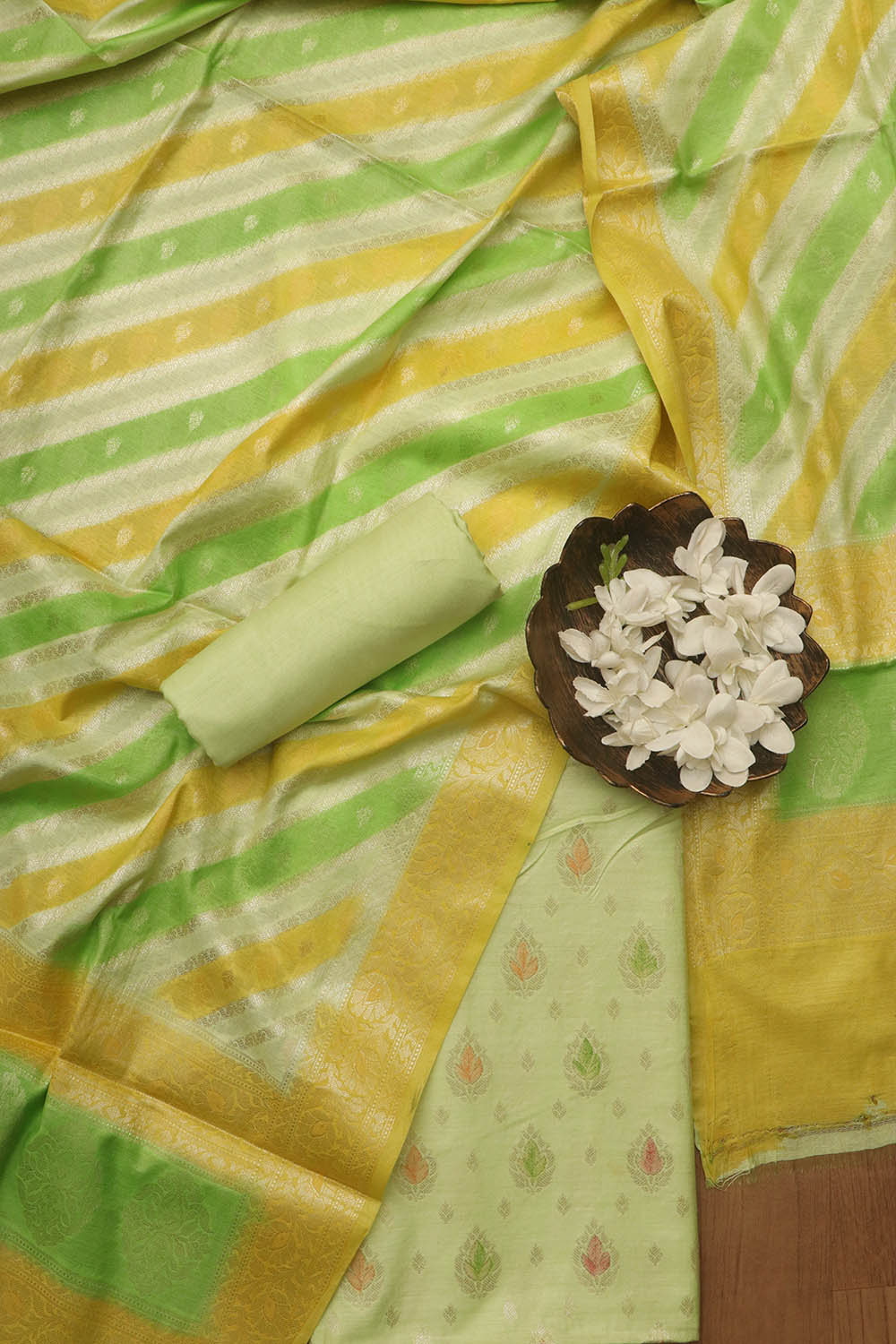 Green Banarasi Chanderi Silk Brush Dye Three Piece Unstitched Suit Set - Luxurion World