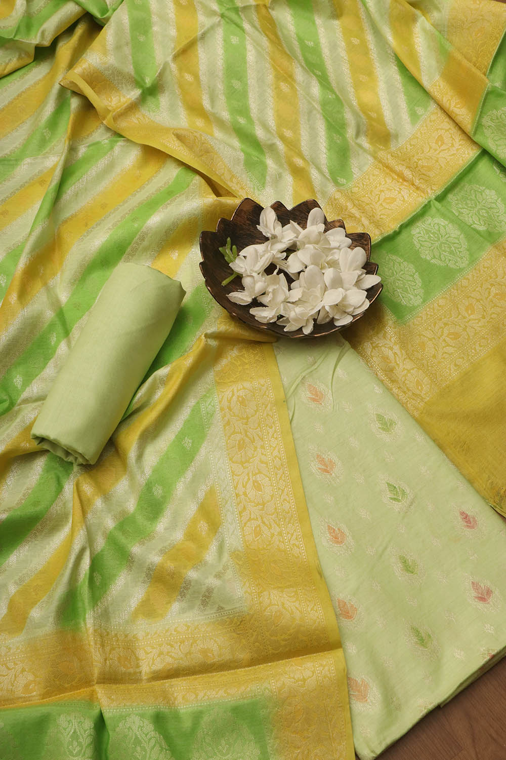 Green Banarasi Chanderi Silk Brush Dye Three Piece Unstitched Suit Set - Luxurion World