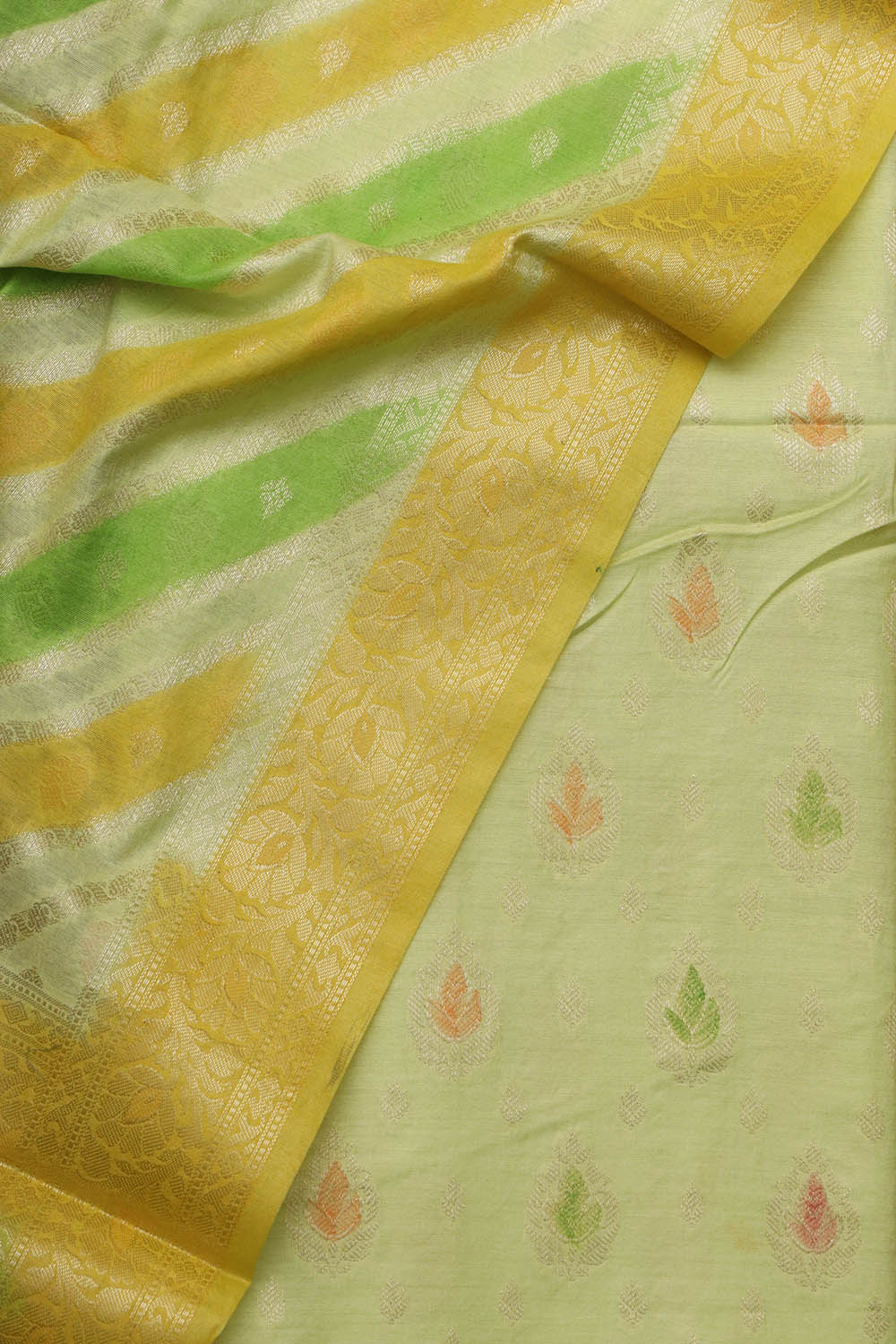 Green Banarasi Chanderi Silk Brush Dye Three Piece Unstitched Suit Set - Luxurion World