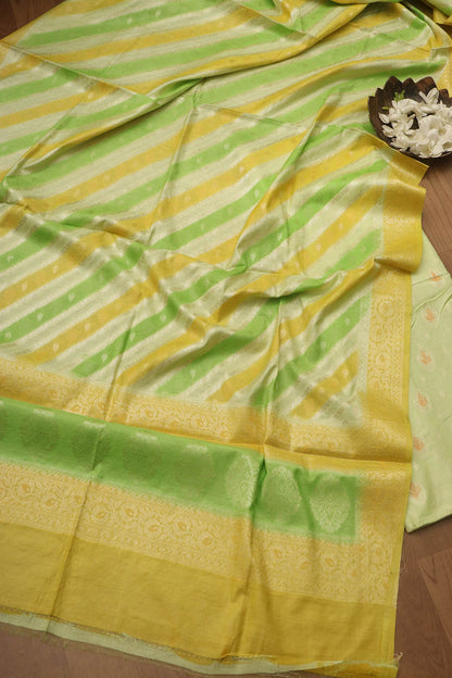 Green Banarasi Chanderi Silk Brush Dye Three Piece Unstitched Suit Set - Luxurion World