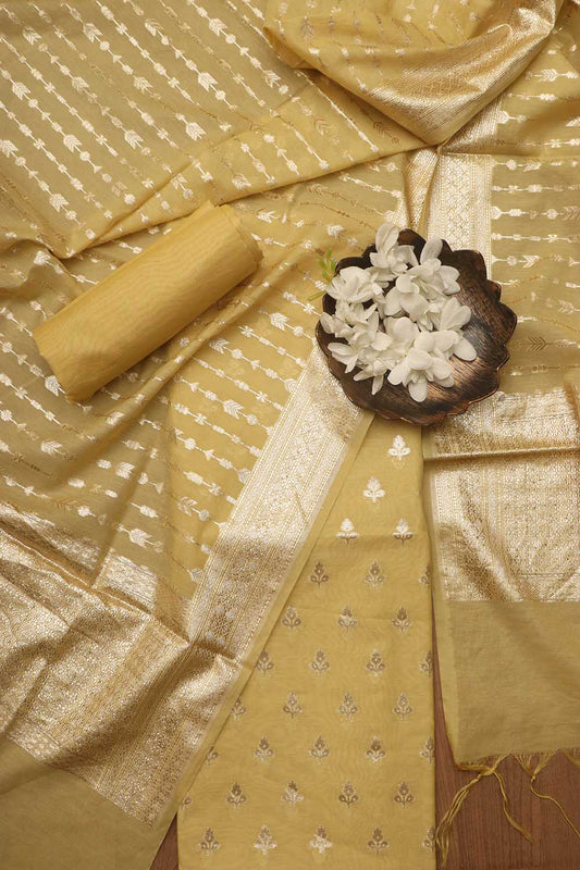 Vibrant Yellow Banarasi Chanderi Silk Three Piece Unstitched Suit Set - Luxurion World