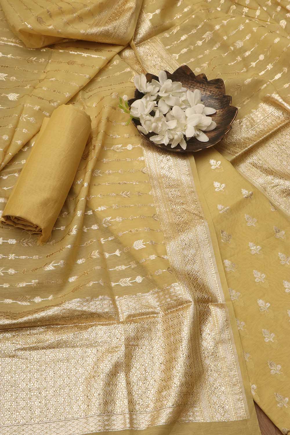 Vibrant Yellow Banarasi Chanderi Silk Three Piece Unstitched Suit Set - Luxurion World