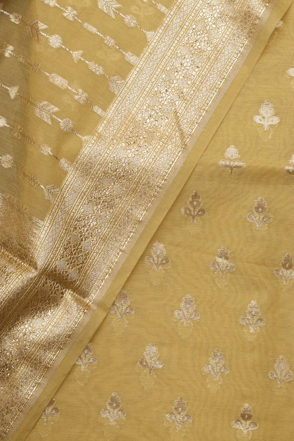 Vibrant Yellow Banarasi Chanderi Silk Three Piece Unstitched Suit Set - Luxurion World