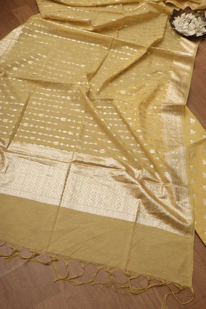 Vibrant Yellow Banarasi Chanderi Silk Three Piece Unstitched Suit Set - Luxurion World